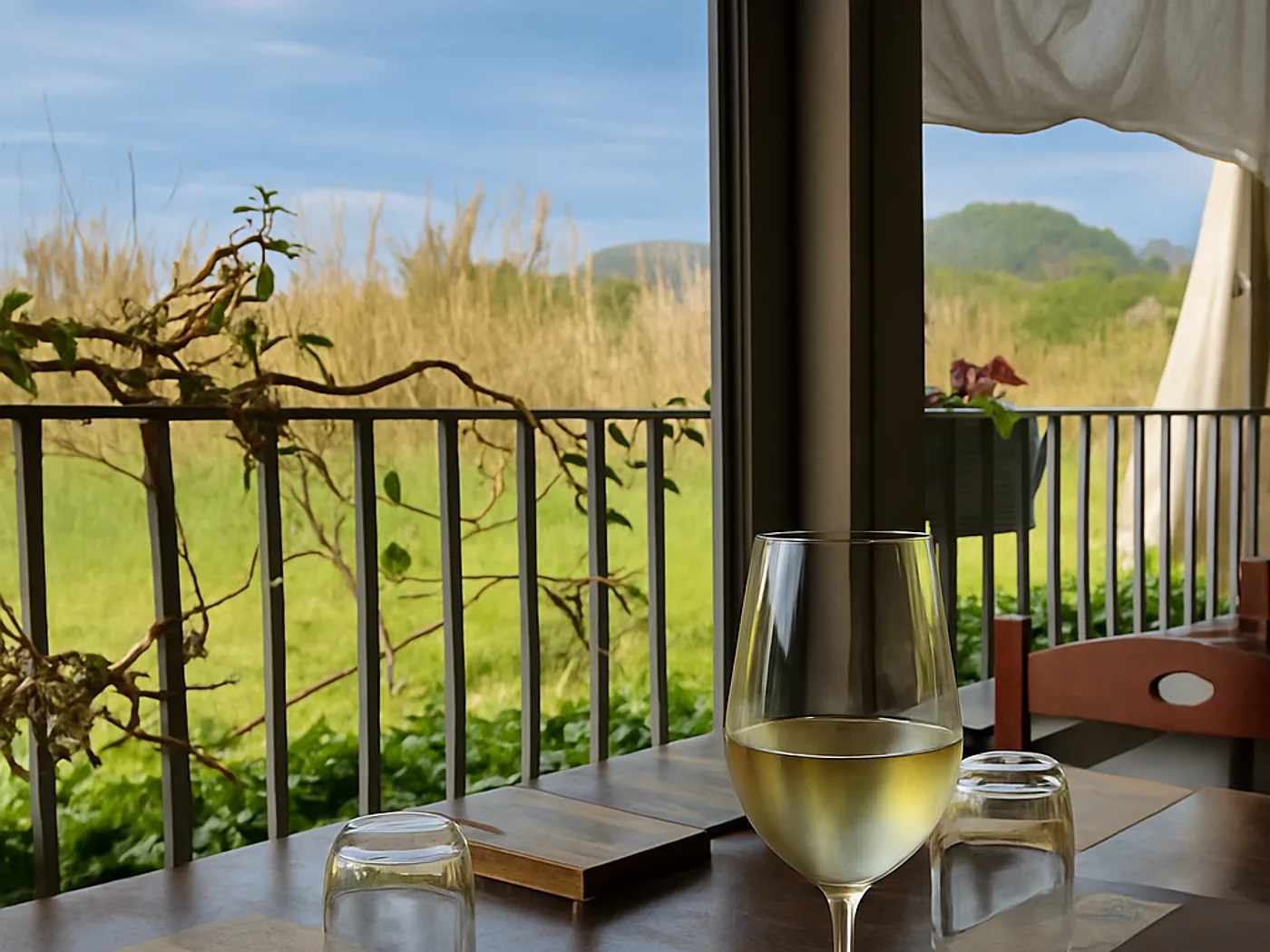 Pasta ai frutti di mare con vista sulle colline